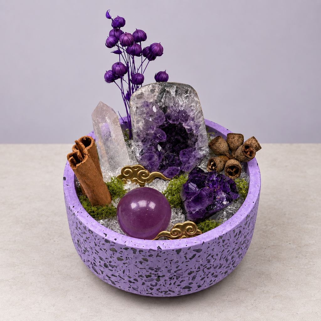Violet Stillness Crystal Garden — complete decorative arrangement