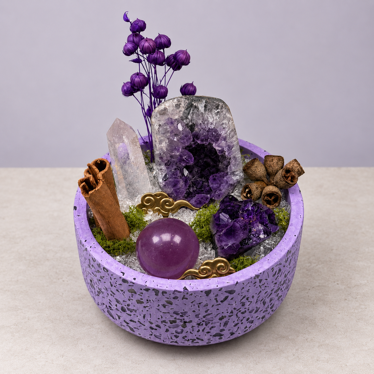 Violet Stillness Crystal Garden — complete decorative arrangement