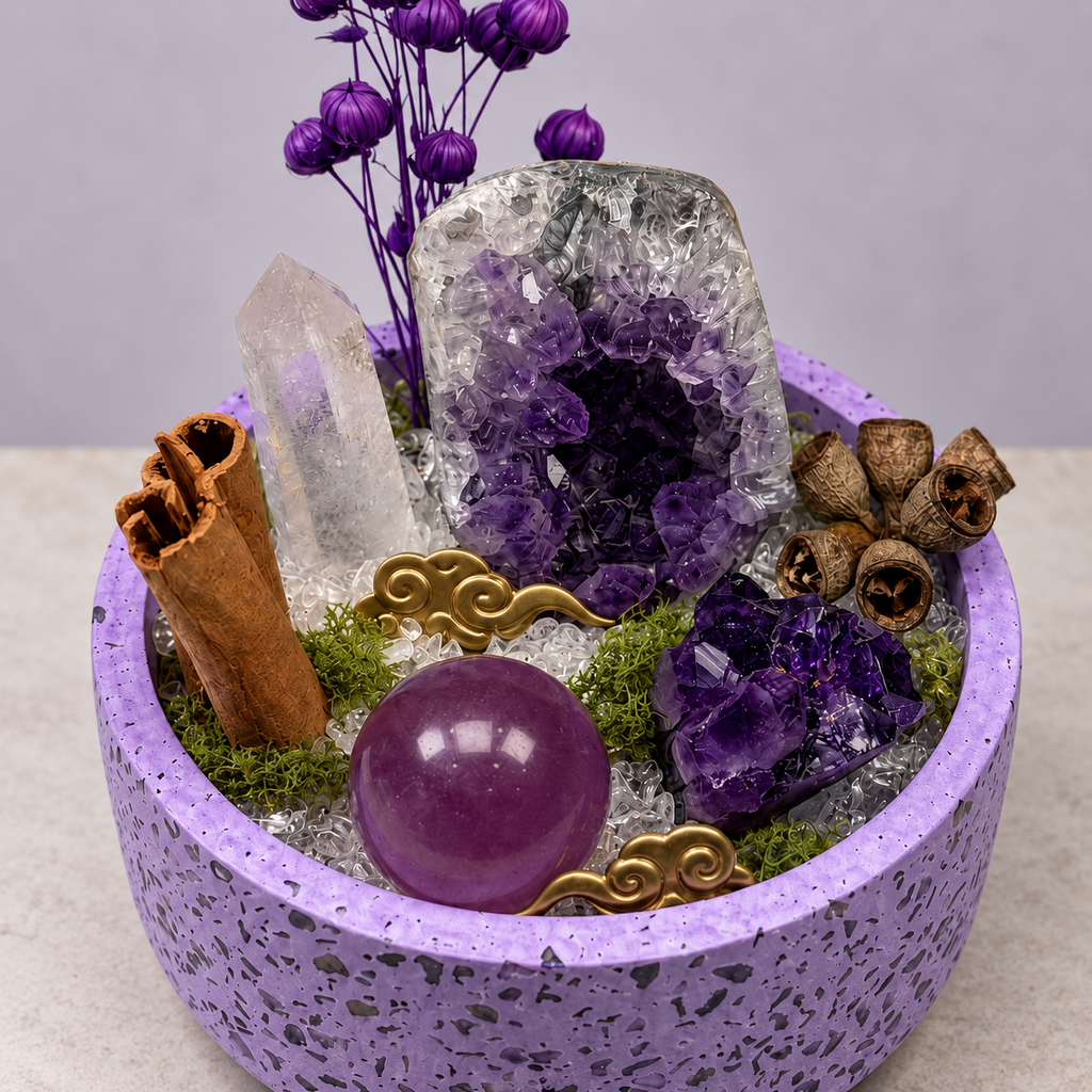 Violet Stillness Crystal Garden — foreground stones and bowl detail