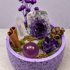 Violet Stillness Crystal Garden — foreground stones and bowl detail