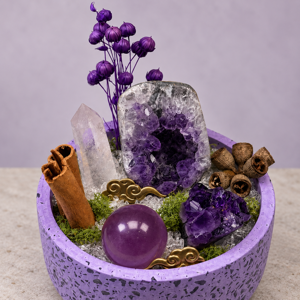 Violet Stillness Crystal Garden — centerpiece and botanical detail