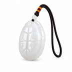Angled reverse view of white jade turtle amulet showing the Fu Jia Tian Xia carving