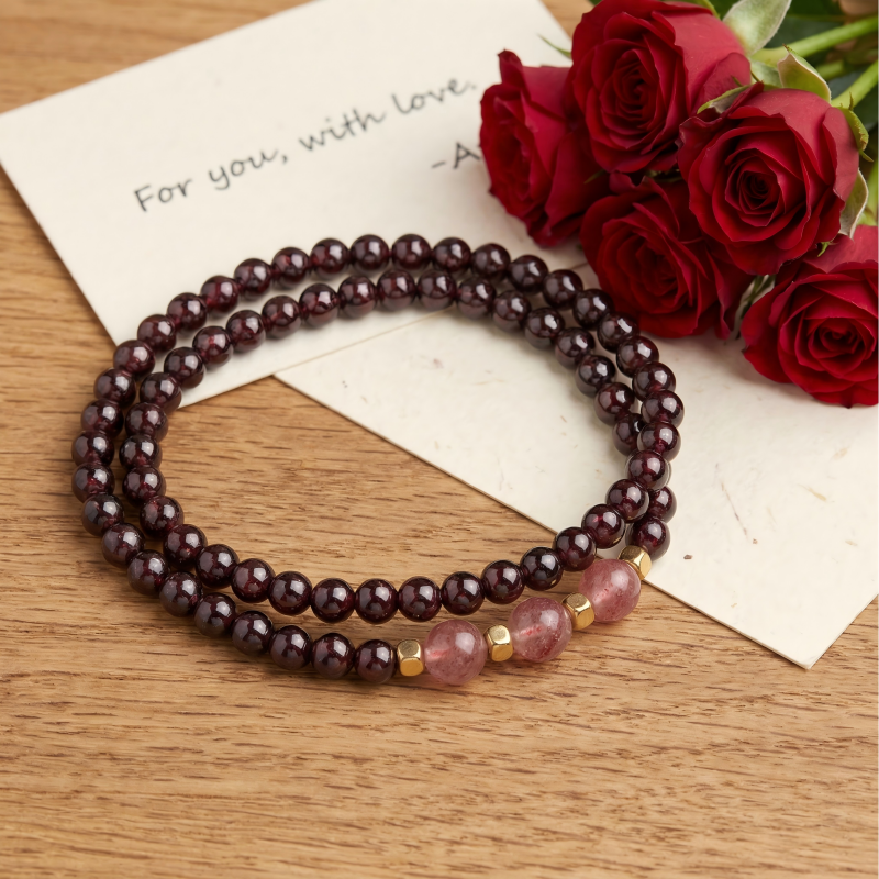 Natural Wine Red Garnet Double Wrap Bracelet with Pink Quartz | Dainty Crystal Jewelry