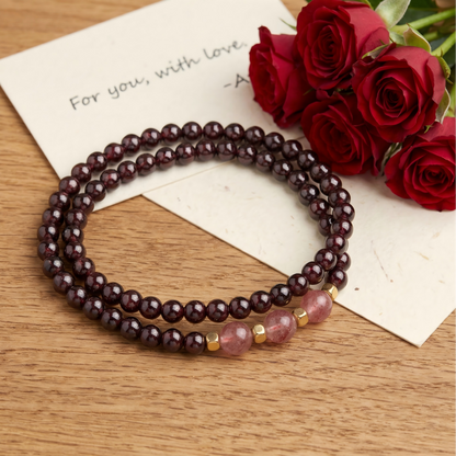 Natural Wine Red Garnet Double Wrap Bracelet with Pink Quartz | Dainty Crystal Jewelry