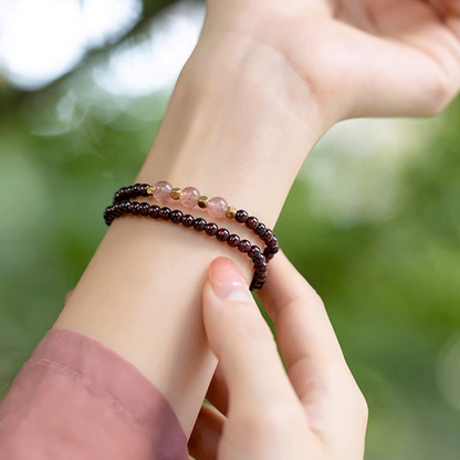 Natural Wine Red Garnet Double Wrap Bracelet with Pink Quartz | Dainty Crystal Jewelry