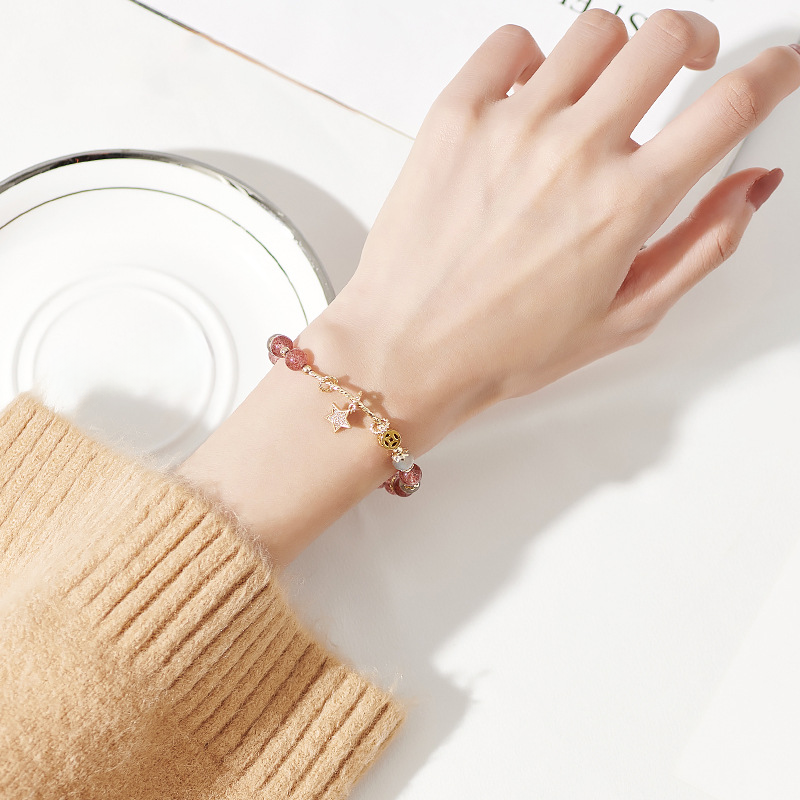 Natural Strawberry Quartz & Moonstone Bracelet with Gold Star Charm | Dainty Crystal Jewelry