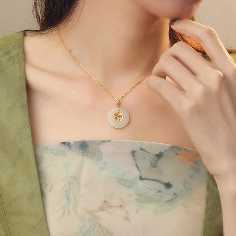Authentic White Hetian Jade "Ping An Kou" Pendant | Gold "Fu" Fortune Necklace