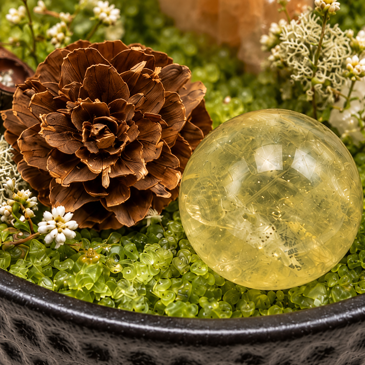 Woodland Abundance Crystal Garden — foreground stones and bowl detail