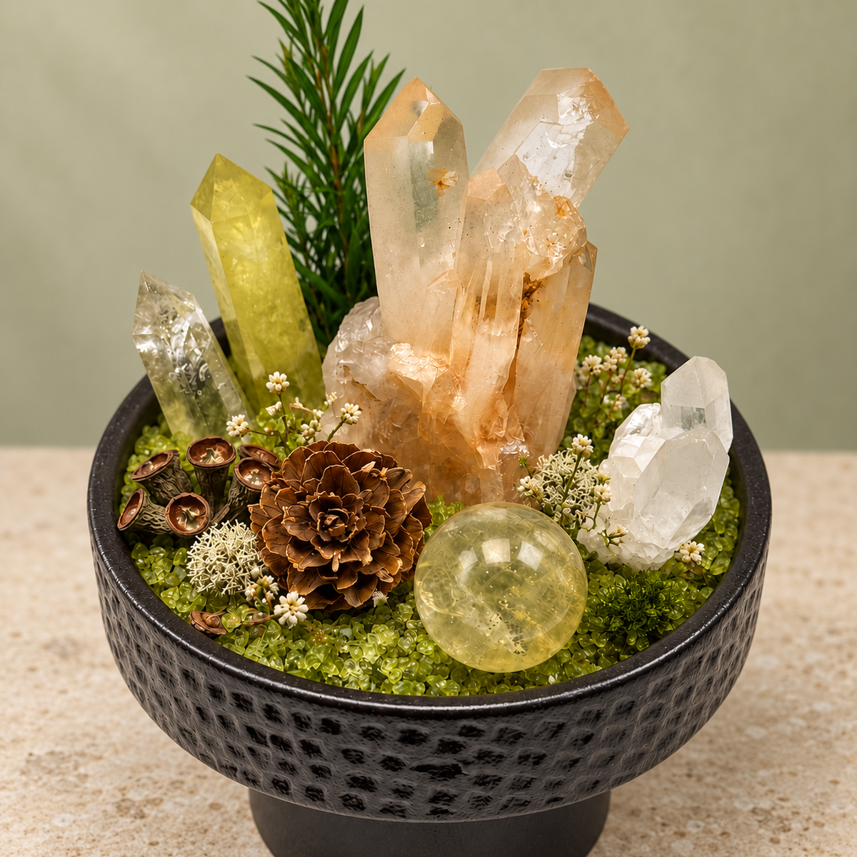 Woodland Abundance Crystal Garden — centerpiece and botanical detail