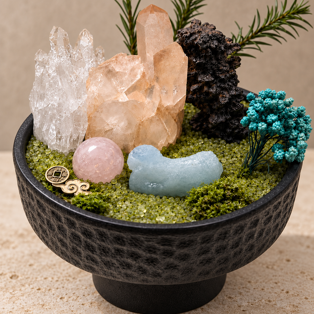 Woodland Wishes Crystal Garden — foreground stones and bowl detail