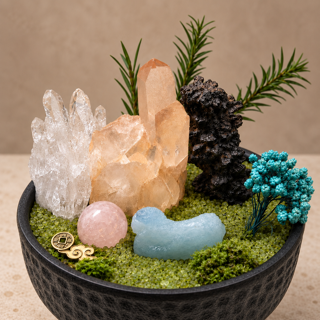 Woodland Wishes Crystal Garden — centerpiece and botanical detail